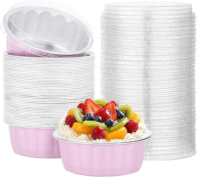 Beasea Disposable Ramekins with Lids, 50 Pack 8oz Aluminum Cups for Baking, Aluminum Foil Ramekins Creme Brulee Muffin Cupcake Mini Pudding Baking Cups for Party Wedding Birthday - Pastel Pink