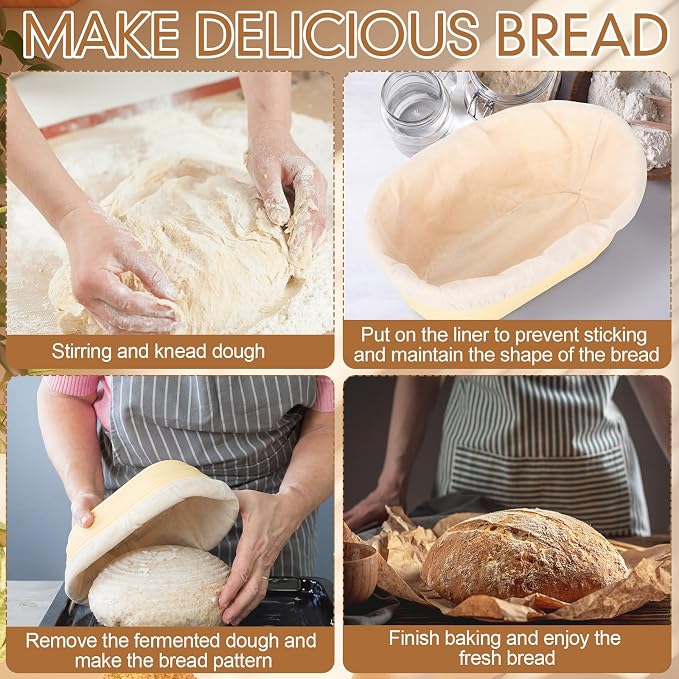 Honeydak 4 Pcs Silicone Bread Proofing Baskets Oval Banneton Basket with Liner 10 Inch Collapsible Sourdough Bread Baking Supplies Non-stick Dough Proofing Bowls Containers Oven Safe for Breads Making