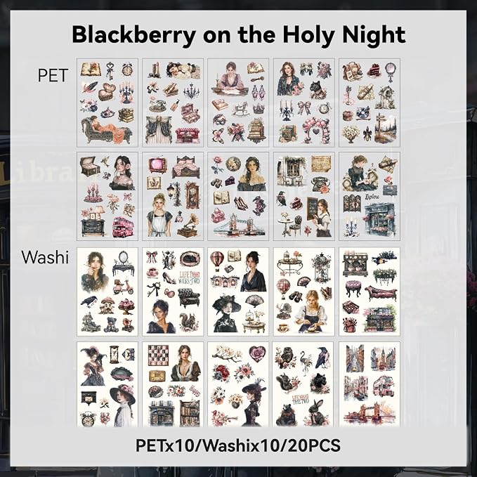 Holy Night BlackBerry Sticker Scrapbooking Supplies for Junk Journal, 20 Sheets PET Stickers - Vintage Journaling Stickers