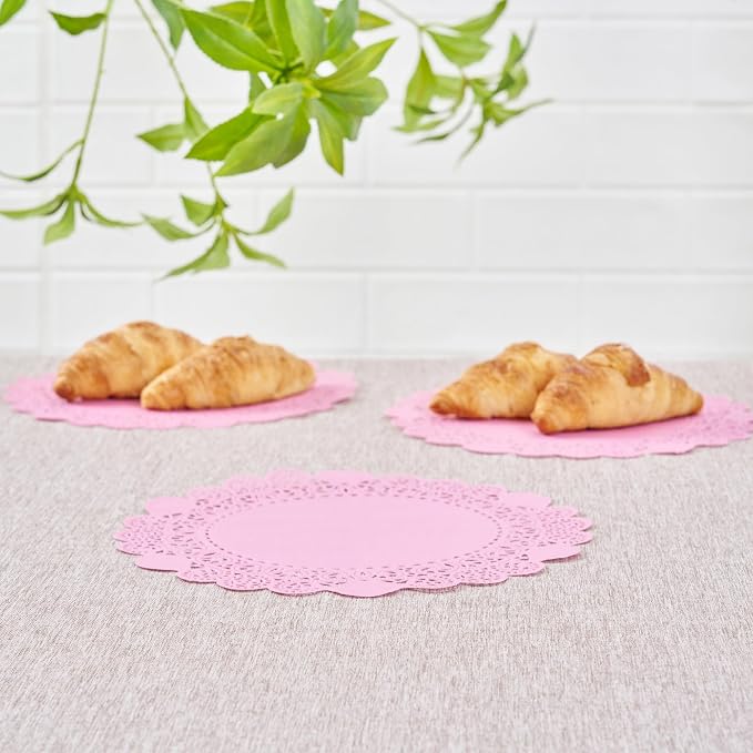 Pastry Tek 8 x 8 Inch Paper Lace Doilies, 100 Disposable Table Doilies - Elegant Lace Finish, Long Lasting, Pink Paper Doily, for Pastries, Cupcakes, Desserts - Restaurantware