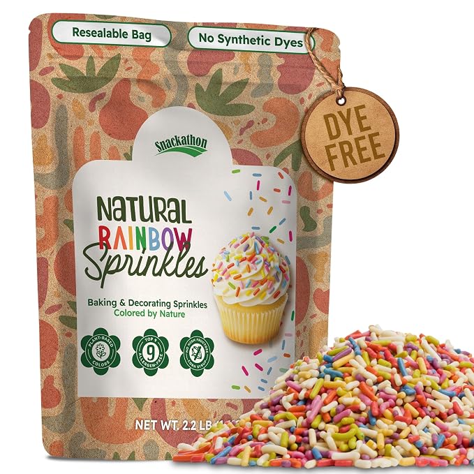 Snackathon Natural Sprinkles for Baking & Decorating, Dye-Free Rainbow Sprinkles, 2.2 LB Bulk Jimmies in Resealable Pouch - Naturally Colored, No Artificial Dyes or Flavors for Cupcakes, Cookies & Treats