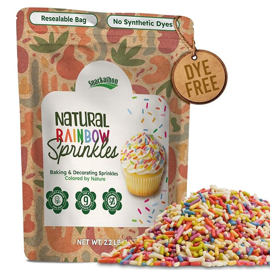 Snackathon Natural Sprinkles for Baking & Decorating, Dye-Free Rainbow Sprinkles, 2.2 LB Bulk Jimmies in Resealable Pouch - Naturally Colored, No Artificial Dyes or Flavors for Cupcakes, Cookies & Treats