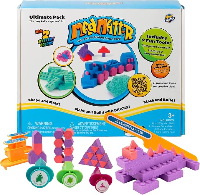 Mad Mattr Ultimate Pack - Never-Dry Sensory Modeling Dough Set for Kids Ages 3 and Up - Non-Toxic Compound with 9 Building Tools, Brick Makers, Extruders, 10 oz