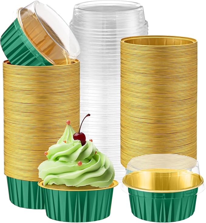 200 Pack Aluminum Foil Cupcake Liners with Lids, 5 oz Round Baking Cup, Disposable Ramekin Container for Graduation Wedding Independence Day Party(Dark Green,Plain)