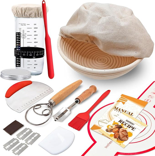 Complete Sourdough Starter Kit, Sourdough Bread Baking Supplies, Banneton Bread Proofing Basket with Sourdough Starter Jar, 9inch Round Bread Proofing Basket, for Bread Baking