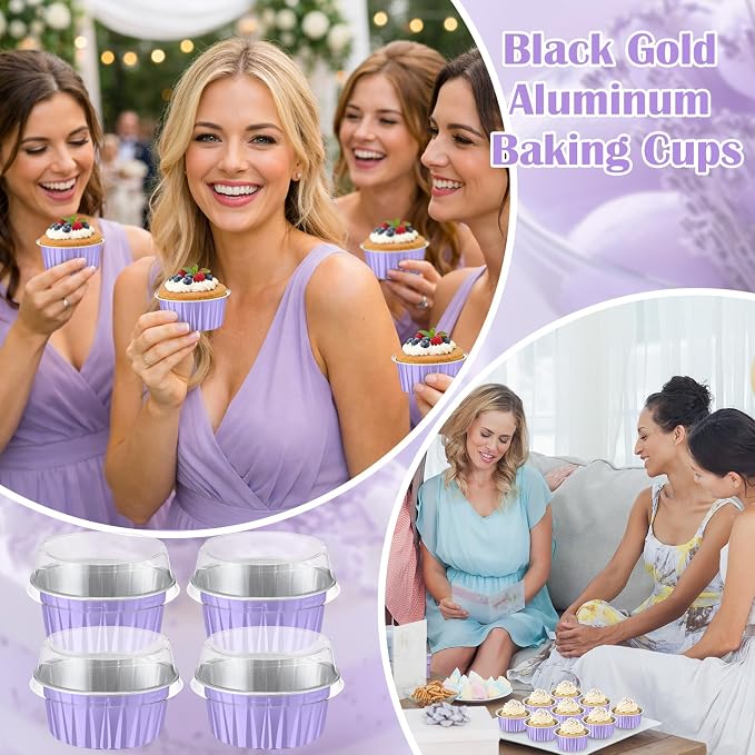 Gejoy 400 Pcs Aluminum Foil Baking Cups with Lids 5 oz Disposable Ramekins Mini Cake Pans Creme Brulee Cupcake Liners Muffin Dessert Container for Wedding Birthday Party (Classic,Light Purple)