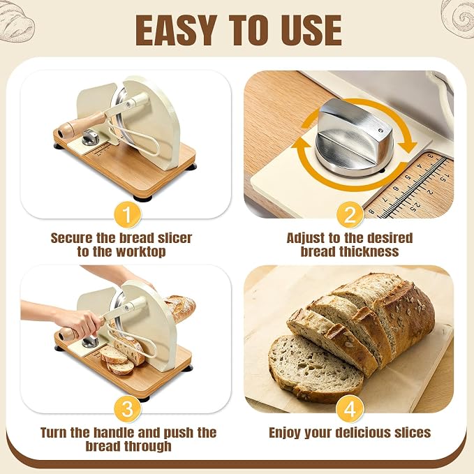 Manual Bread Slicer for Homemade Sourdough Bread, Hand Crank Bread Cutter with Scale Line & Suction Cup & Metal Guide, Sourdough Bread Slicer with Bread Bag, Adjustable Thickness & Evenly Slicing