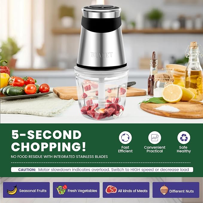 BUMET Electric Food Processor Vegetable Chopper 500W with 2.5 Cup Glass Bowl and Stainless Steel 4 Blades Cutter Mini Food Chopper for Home Use, Mincing, and Puree for Kitchen Aid, Baby Food