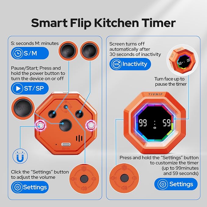 Visual Timer for Kids Kitchen Timer Pomodoro Magnetic Visual Countdown | Smart Gravity Sensing Timer with Large Display Loud Alarm for Study Cooking Classroom Homework Time Management