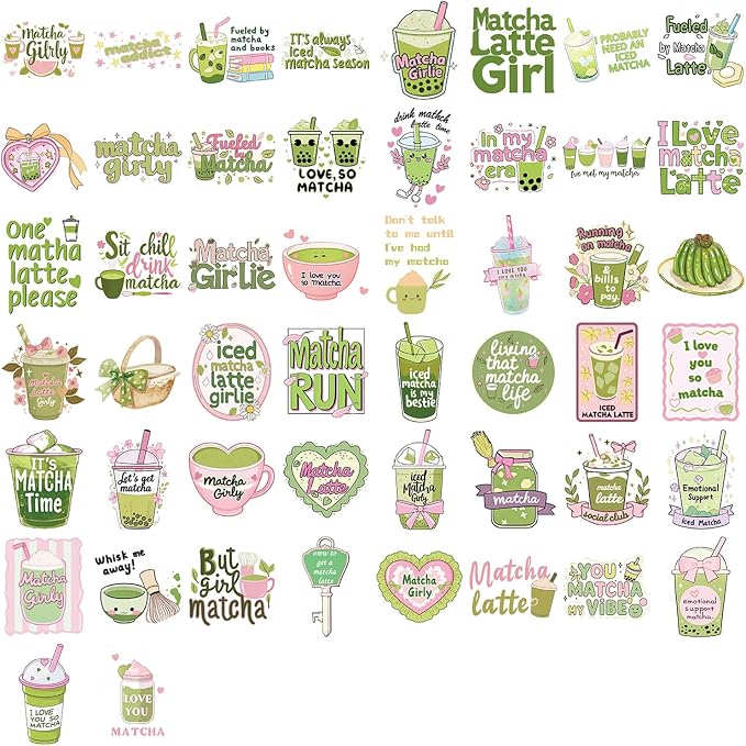 Cute Love Matcha Aesthetic Stickers for Girls, 50PCS Funny Pink Green Vinyl Waterproof Sticker for Water Bottle Scrapbook Laptop Journal Decals, Matcha-Beverage Decoration, Party Favors