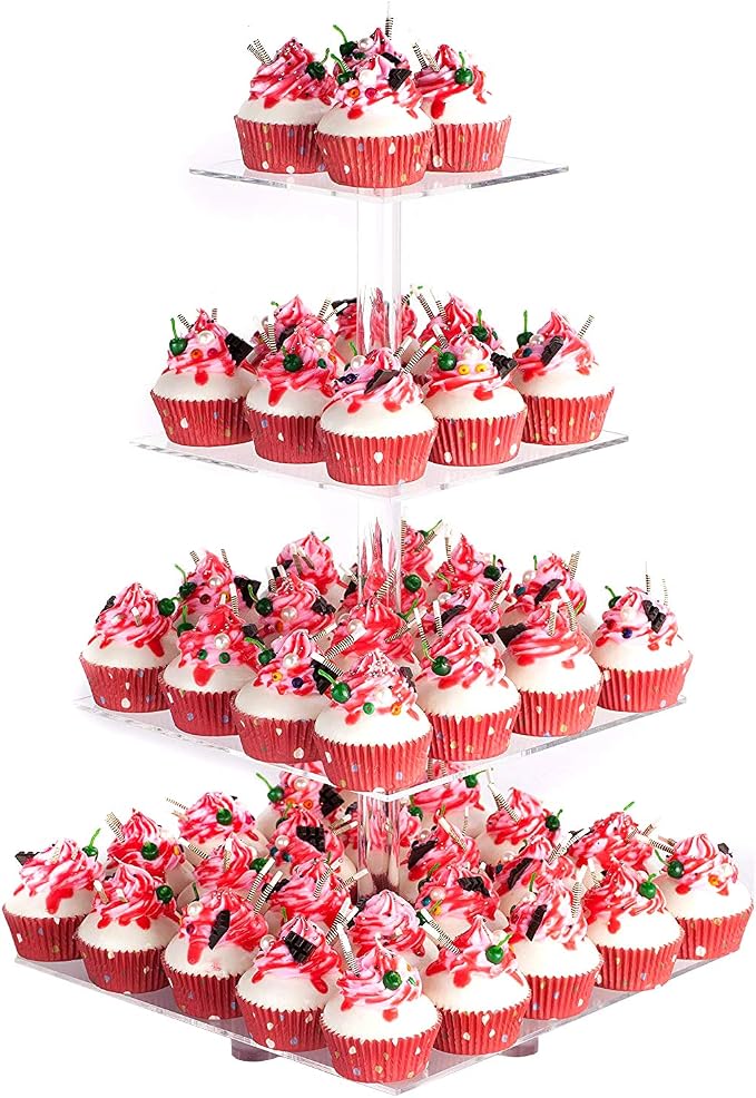 YestBuy 4 Tier Acrylic Cupcake Stand with 6“ Between Two Layers, Clear Cupcake Tower Stand for 50 Cupcakes, Cupcake Holder for Birthdays, Weddings, Baby Showers and Candy Bar