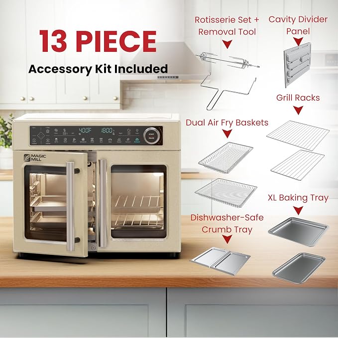 Magic Mill Ultra-Premium Dual-Zone Stainless Steel Air Fryer Toaster Oven Combo, Extra Large 32QT French Door Convection Oven with Next-Gen Patent Technology, 13 Accessories, Rotisserie, Sync Finish