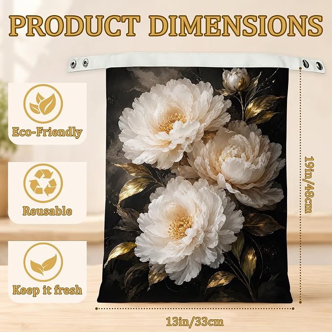 2 Pack Reusable Beeswax White Peony Bread Bags, Sourdough Bread Gold Leaf Storage for Homemade, Freezer Storage Bag to Keep Fresh, Baguette Bag with Beeswax Liner Kitchen Baking