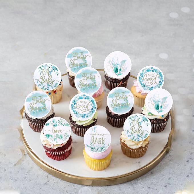 60 PCS Edible Baby Shower Cupcake Toppers Woodland Jungle Leaf Love Welcome Baby Cupcake Picks Edible Oh Baby Cake Decorations for Baby Shower Theme Gender Reveal Kids Birthday Party Supplies