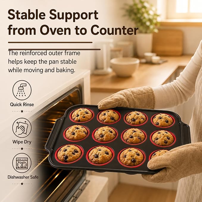 2 PCS Silicone Muffin Pans for Baking with Metal Reinforced Frame, Muffin Tin Egg Bites Mold 12-Cup Regular Size, Nonstick Muffin Cups Tray Easy to Pop Cupcake Pan for Oven - Red