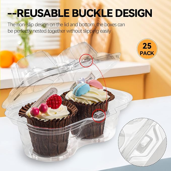 NPLUX 2 Count Cupcake Containers 25 Pack Cupcake Holder with Connected Airtight Lid Cupcake Boxes for 50 Cupcakes Muffins, BPA Free, Standard Size