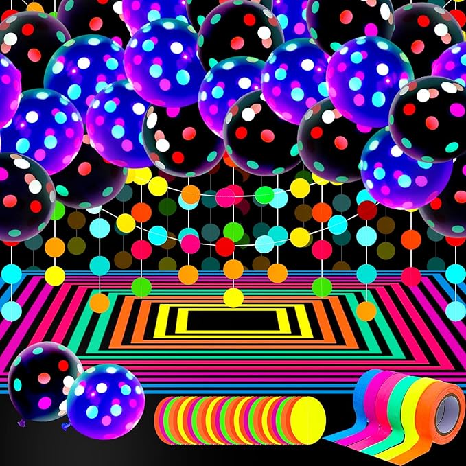 Skylety 32 Pcs Glow in The Dark Party Supplies Neon Party Favors with 25 Fluorescent Balloon 6 Rolls 98.4 ft UV Blacklight Luminous Tape 14.4 ft Neon Streamer Garland for Adults(Bright Big Dot)