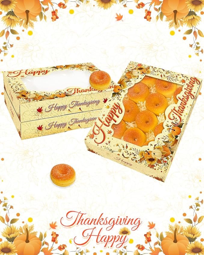 qiqee Thanksgiving 14x10x2.5 inch Auto-pop Up 24Pcs Cookie Box with Window Thanksgiving Pumkin Flower Pastry Macaron Bakery Box For Thanksgiving Day