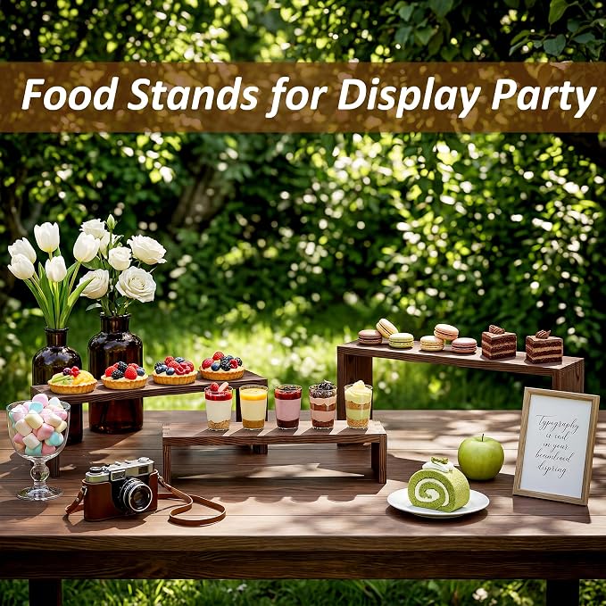 2 Set Wooden Cupcake Stand for Decor, 4 Tiered Stackable Display Risers, Farmhouse Decor Wood Dessert Table Display Set for Party, Vendor Events, Dark Brown