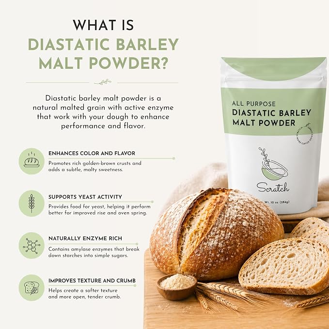 Scratch Diastatic Malt Powder for Baking - (10oz) Dried Barley Malt for Baking Bread - Bread Improver - Premium Baking Ingredients for Breads, Pizzas, Pretzels, Desserts, Shakes and More