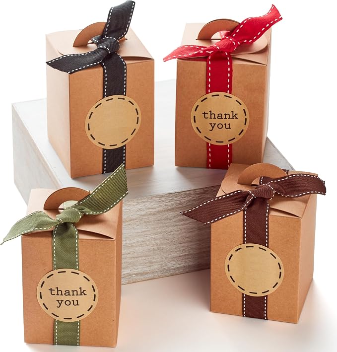 Small Gift Boxes with Ribbons & Stickers (20 Pack) 4.7” x 3.5” Brown Kraft Treat Boxes for Christmas Cookies, Candy, Decorative Candle Packaging, Jars, Mugs, Bulk, Rustic, Fall Thank You Favors Empty