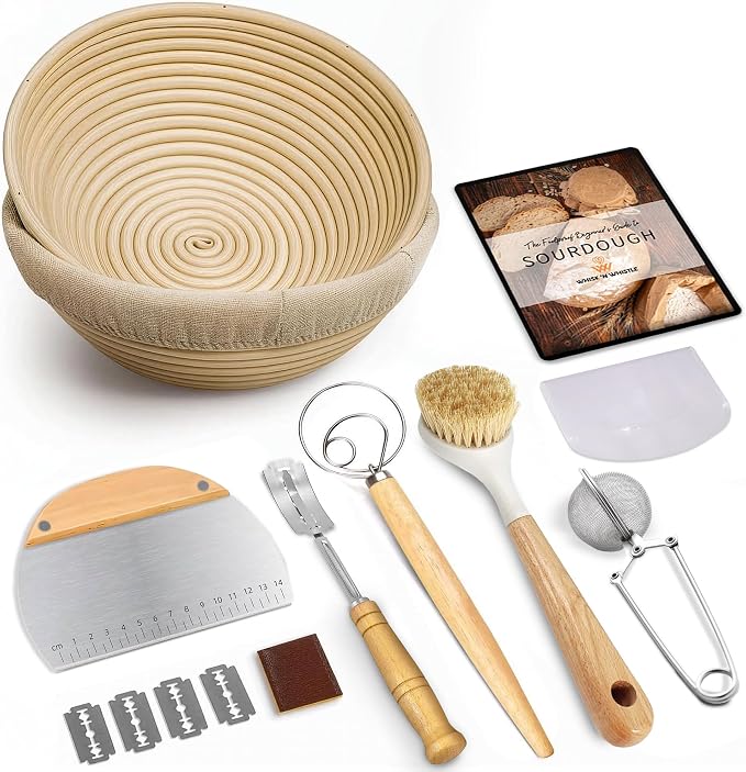 Banneton Bread Proofing Basket Set, 2 x Round 9 Inch Bread Proofing Baskets, Bread Lame, Dough Whisk, Brush, Scrapers and Flour Duster, Sourdough Bread Baking Supplies and tools, Bread Making Kit