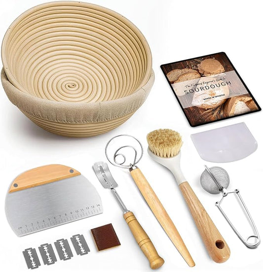 Banneton Bread Proofing Basket Set, 2 x Round 9 Inch Bread Proofing Baskets, Bread Lame, Dough Whisk, Brush, Scrapers and Flour Duster, Sourdough Bread Baking Supplies and tools, Bread Making Kit