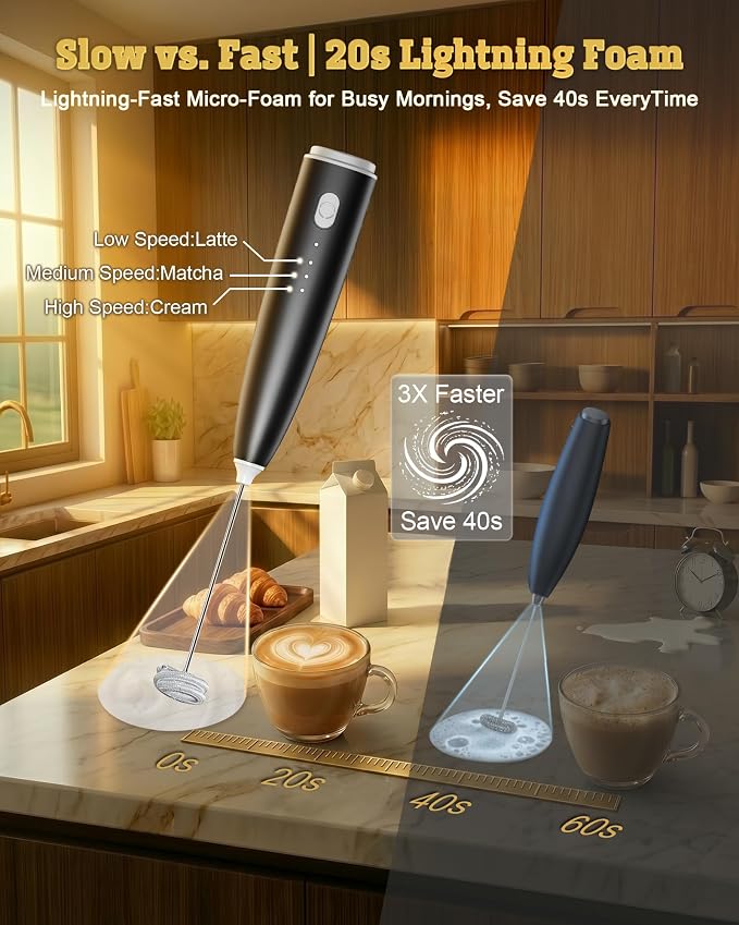 Milk Frother Handheld,Portable Electric Drink Mixer/Wand,Egg Whisk-Black | USB C Rechargeable | 3 Adjustable Speeds | 3 Detachable Whisks | Quiet Operation | For Coffee, Latte, Matcha,protein powder