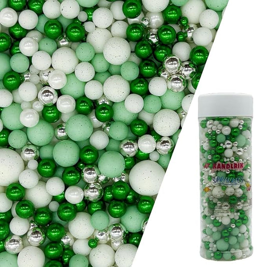 Edible Green Series & White Sugar Pearls Sprinkles Candy Mix Size Pearls Cake Decorations Cupcake Toppers Decorating Perfect for Wedding Party Valentine Supplies 4.58OZ