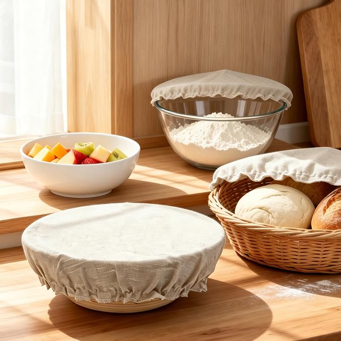 3 Pack Reusable Bowl Covers for Bread Proofing, 6/8/10 Inch Linen Bowl Covers with Elastic Rim, 100% Natural Organic Linen, Unbleached, Elastic Lids for Sourdough, Dough Proofing and Food Storage