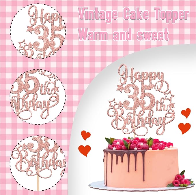 1 PCS Happy 35th Birthday Cake Topper Glitter Cheers to 35 Years Birthday Cake Pick Hello 35 Fabulous Cake Decoration for Happy 35th Birthday Anniversary Party Decorations Supplies Rose Gold