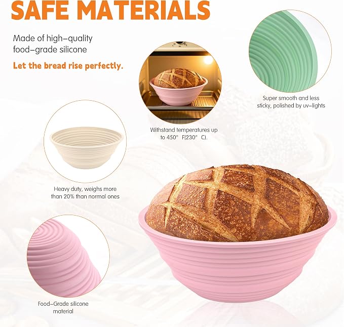 4Pcs Silicone Banneton Bread Proofing Baskets, 9" Round Foldable Non-Stick Dough Proofing Bowl Containers-BPA Free, Optimum Sourdough Bread Baking Supplies