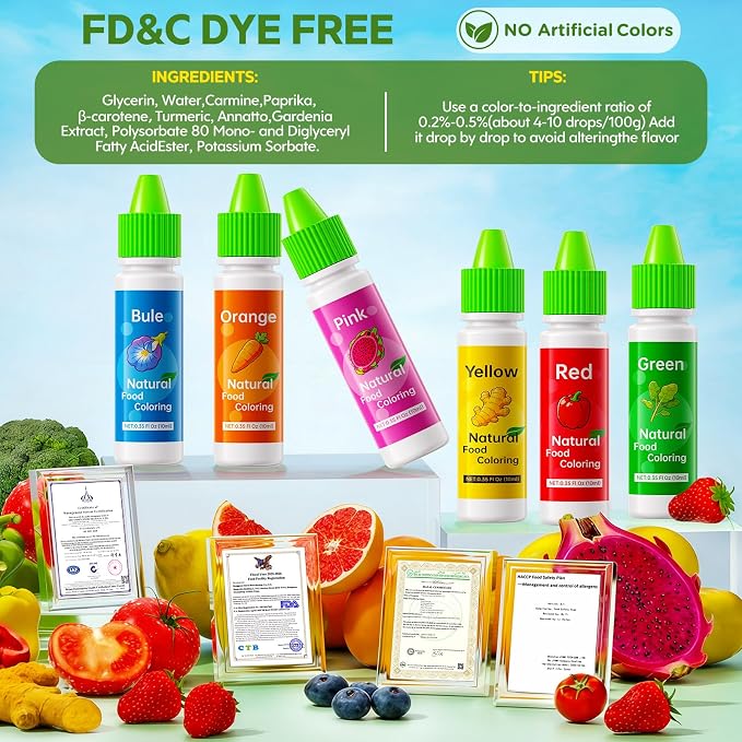 Natural Food Coloring Set - FD&C & Artificial Dye Free, Gluten-Free, 6 Colors (10ml/0.35 Fl. oz) Dye Free Food Coloring,Strong Color Power for Baking, Icing, Frosting, Slime, Cake Decorating & Easter Eggs