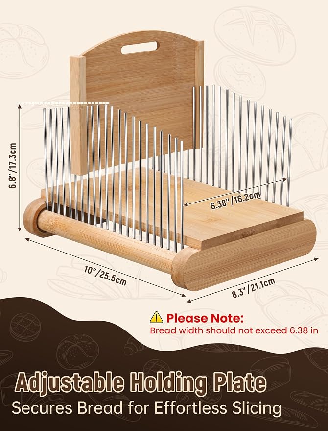 NiHome Bamboo Bread Slicer for Homemade Bread with Stainless Steel Guides, Adjustable Thickness for Toast & Sandwiches, Foldable Compact Sourdough Wood Cutting Board