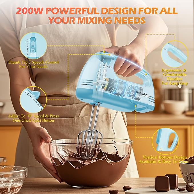 WADODO 7-Speed Electric Hand Mixer – Portable Food Mixer Kitchen Mixer with 304 *(1x Whisk, 2x Beater, 2x Dough hook) for Baking Cakes, Cream, Cookies, BLUE