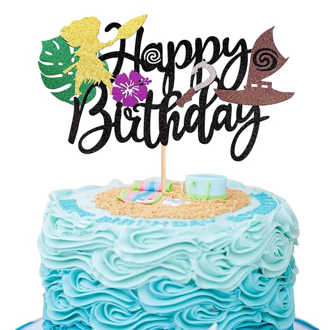 1 PCS Moana Inspired Cake Topper Black Glitter Palm Leaf Flower Happy Birthday Cake Pick Decoration for Tropical Hawaiian Luau Theme Baby Shower Kids Birthday Party Cake Decorations Supplies
