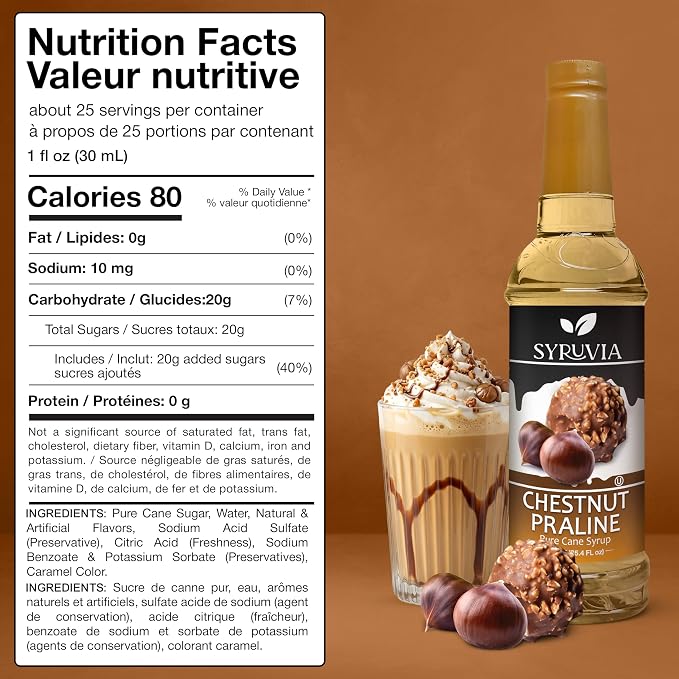 Syruvia Coffee Syrup, Chestnut Praline Flavored Syrup for Drinks, Lattes, and Desserts – 25.4 fl oz - with Pump