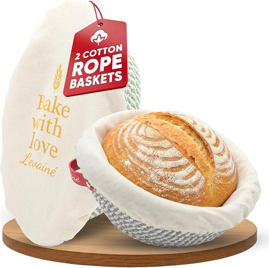 Levainé 2 Pack Cotton Rope Banneton Bread Proofing Basket Set, Round & Oval Sourdough Proofing Baskets with Liners and Covers, Washable Bread Baking Supplies for Homemade Artisan Bread