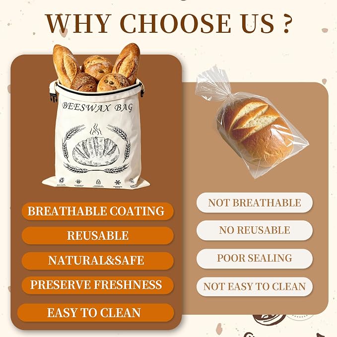 Reusable Cotton Beeswax Bread Bags 2 Pack – Extra Large 13"x17" Zipper & Roll-Buckle Double Seal for Homemade Sourdough, Keep Bread Fresh Longer, Zero Waste Bread Storage for Loaf Baguette