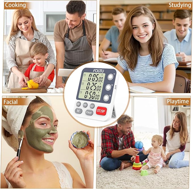 Digital Dual Kitchen Timer, 3-Channel Magnetic Countdown Stopwatch Timer for Cooking, Large Display, Loud Alarm, 100Hr Multi Food Classroom Timer for Seniors & Teachers (Battery Included)