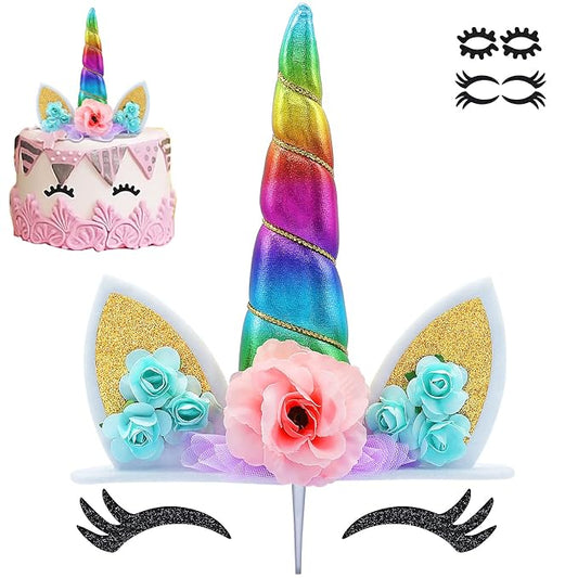 Unicorn Cake Topper Handmade Rainbow Horn Unicorn Cake Topper Happy Birthday Party Decoration Supplies Magic Reusable Cake Toppers with Eyelashes and Stack for Girls Kid Women, 5.8 Inch