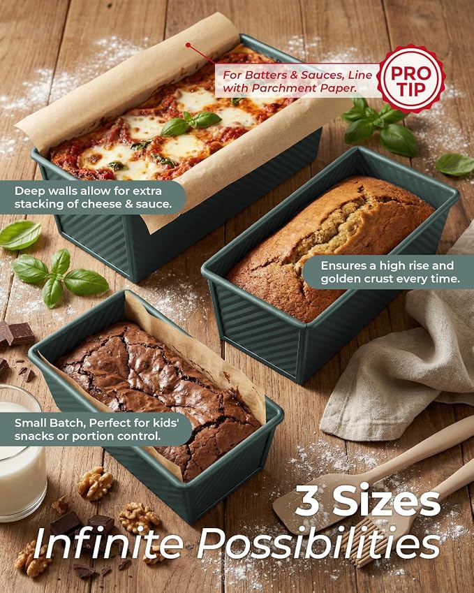 CARTMAN 3-Piece Pullman Loaf Pan with Lid Set – Non-Stick Carbon Steel Bread Pan with Bottom Vents – Includes Large (12"), Medium (8") & Mini (7") Sizes plus Silicone Tools – Sage Green