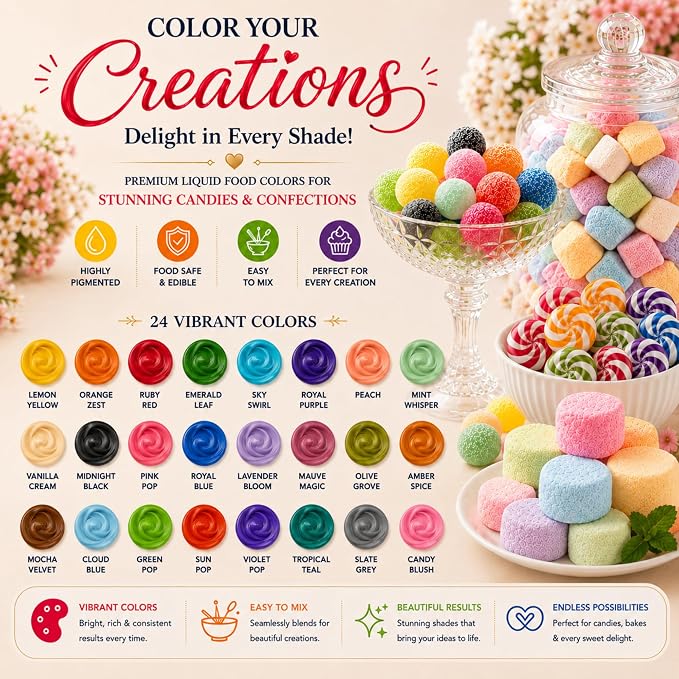 Confect Master Artist Water Color Food Coloring Set – Highly Pigmented Oil Based Food Colors for Cakes, Buttercream, Drinks, Popsicles & Baking – 24 Pack × 10mL