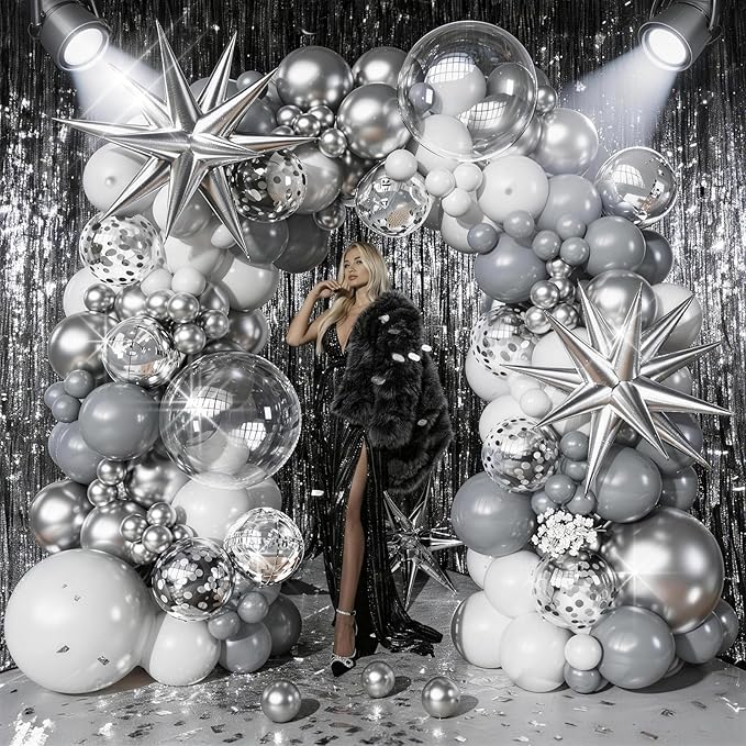 White Silver Balloons Garland Arch Kit, 113pcs White Grey Clear Balloons, Confetti Silver Explosion Star 4D Foil Balloons for Disco Winter Wonderland Holiday Christmas Birthday Ice Snow Party Decor