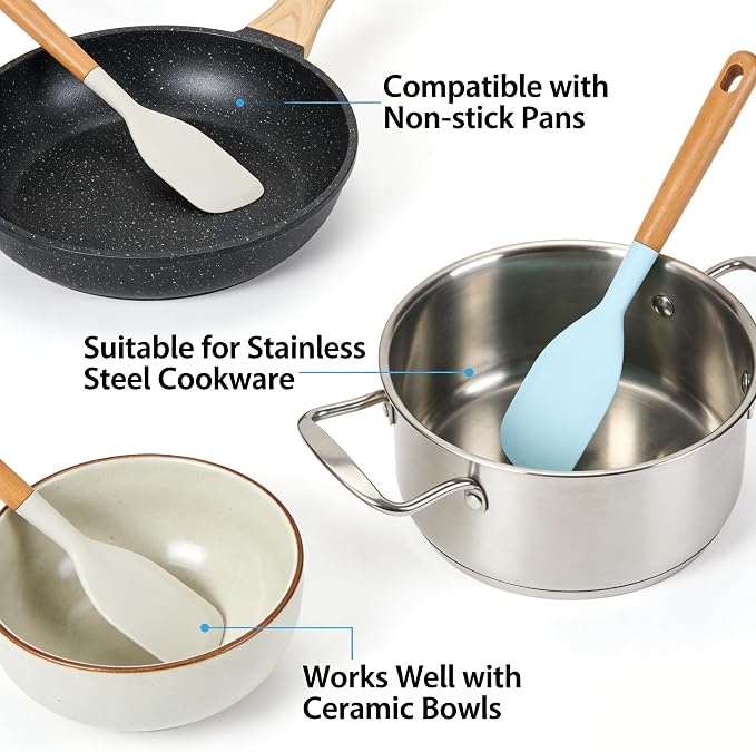 2PCS Heat Resistant Silicone Spatula Set, Silicone Spatula Wooden Handle, Rubber Spatula for Baking, Losing Weight Meal & Salad, Versatile Kitchen Tool, Mixing, Frosting, Heat Resistant 600°F