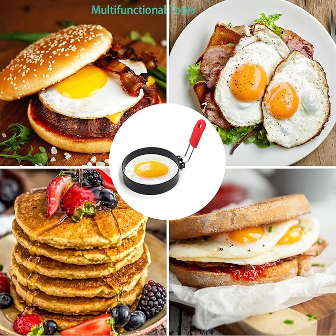 3.5" Egg Rings Set of 4 with Silicone Handle, Round Mold for English Muffins,Pancake Mold for Indoor Camping Breakfast Sandwiches Egg Mcmuffins (4)