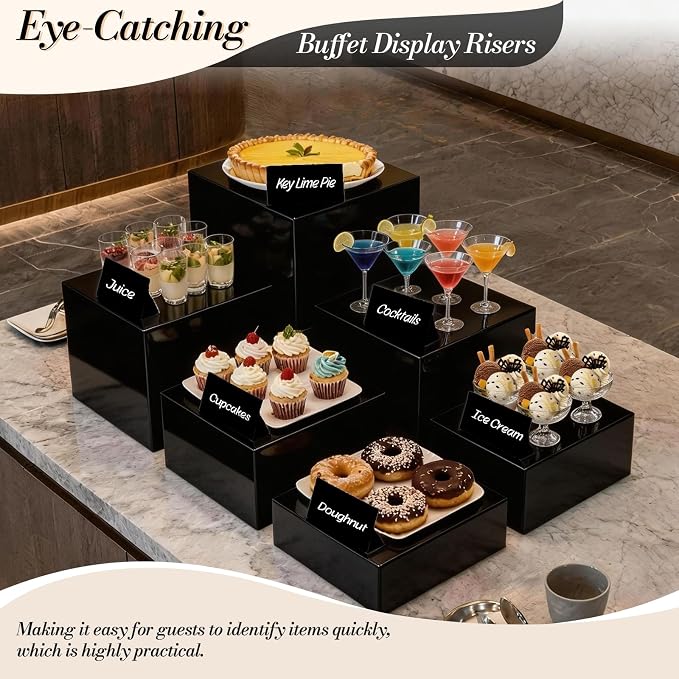6 Pcs Buffet Risers with Mini Sign and Maker, Black Food Risers Display Stand for Buffet Table Party Catering Dessert Jewelry Collectibles, Nesting Cube Boxes with Hollow Bottoms (8",7",6",5",4",3")