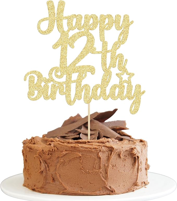 Gyufise 1Pc Happy 12th Birthday Cake Topper Glitter 12 & Fabulous Cheers to 12 Years Old Cake Pick for Celebrating 12th Birthday Anniversary Party Cake Decorations Supplies Gold