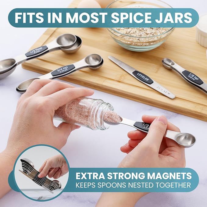 Zulay Stainless Steel Measuring Spoon Set - Stackable Magnetic Spoon Measuring Set - Magnetic Measuring Spoon Set of 8 with Leveler - Made with Strong N45 Magnets & 304 Stainless Steel - Black