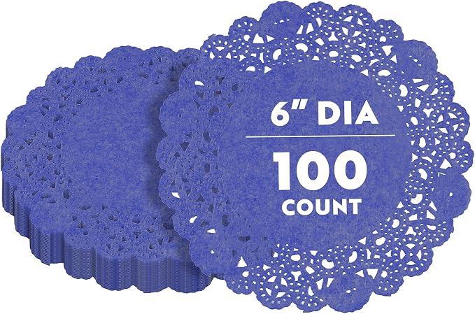 Restaurantware Pastry Tek 6 x 6 Inch Lace Doilies 100 Decorative Tableware Placemats - Disposable Round Navy Blue Paper Table Doilies For Birthdays Or Weddings Table Decor
